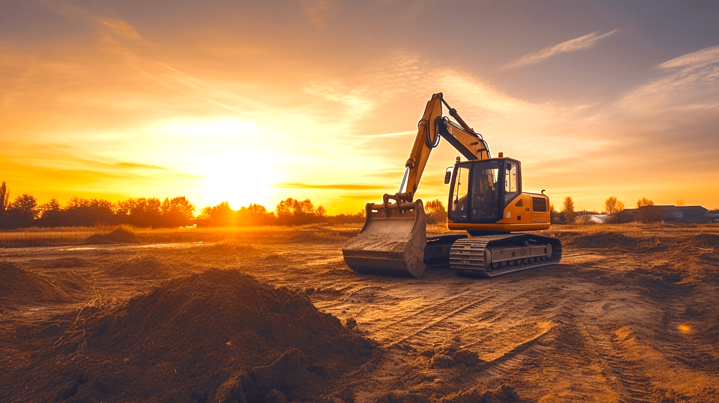 excavator clearing land during construction in preparation for concrete foundation